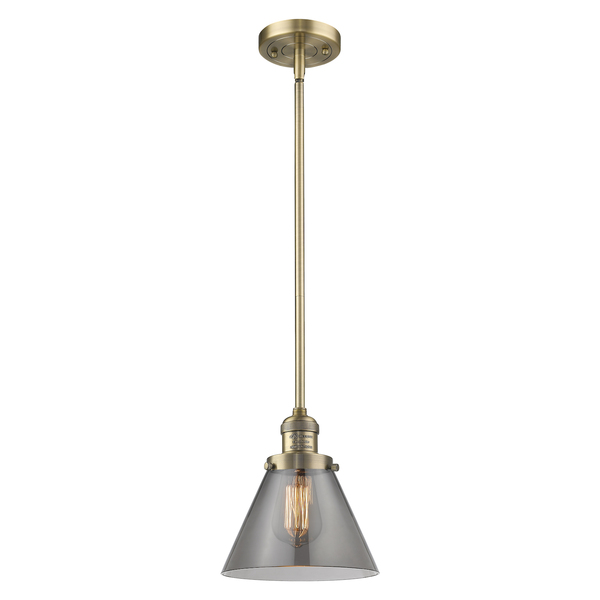 Innovations Lighting Large Cone Vintage Dimmable Led 8" Brushed Brass Mini Pendant, Smoked Glass 201S-BB-G43-LED